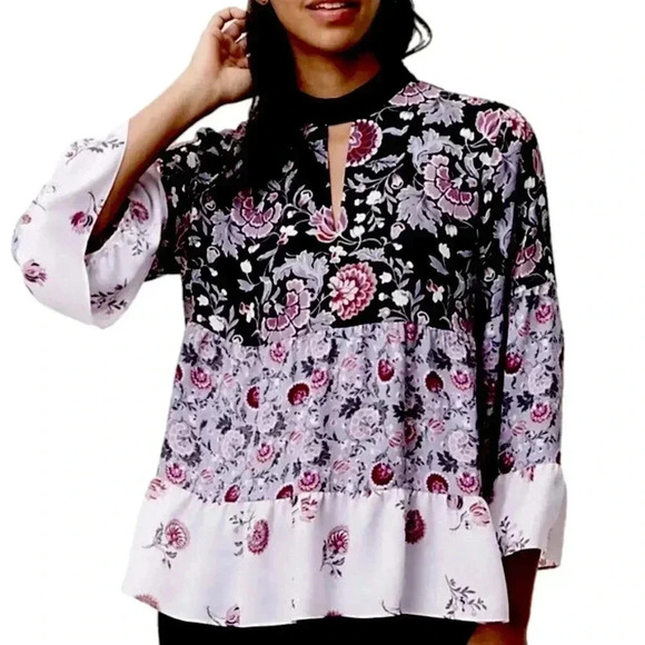 Ann Taylor LOFT Boho Floral Top Womens Small Mixed Print Long Sleeve Blouse - Picture 1 of 11
